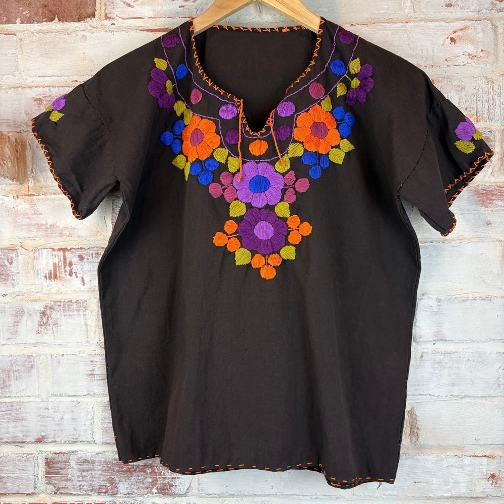 Vintage Hand Embroidered Mexican Huipil‎ Blouse Brown Floral Cotton Linen Folk